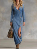Long-sleeved V-neck Split Solid Color Denim Maxi Dress