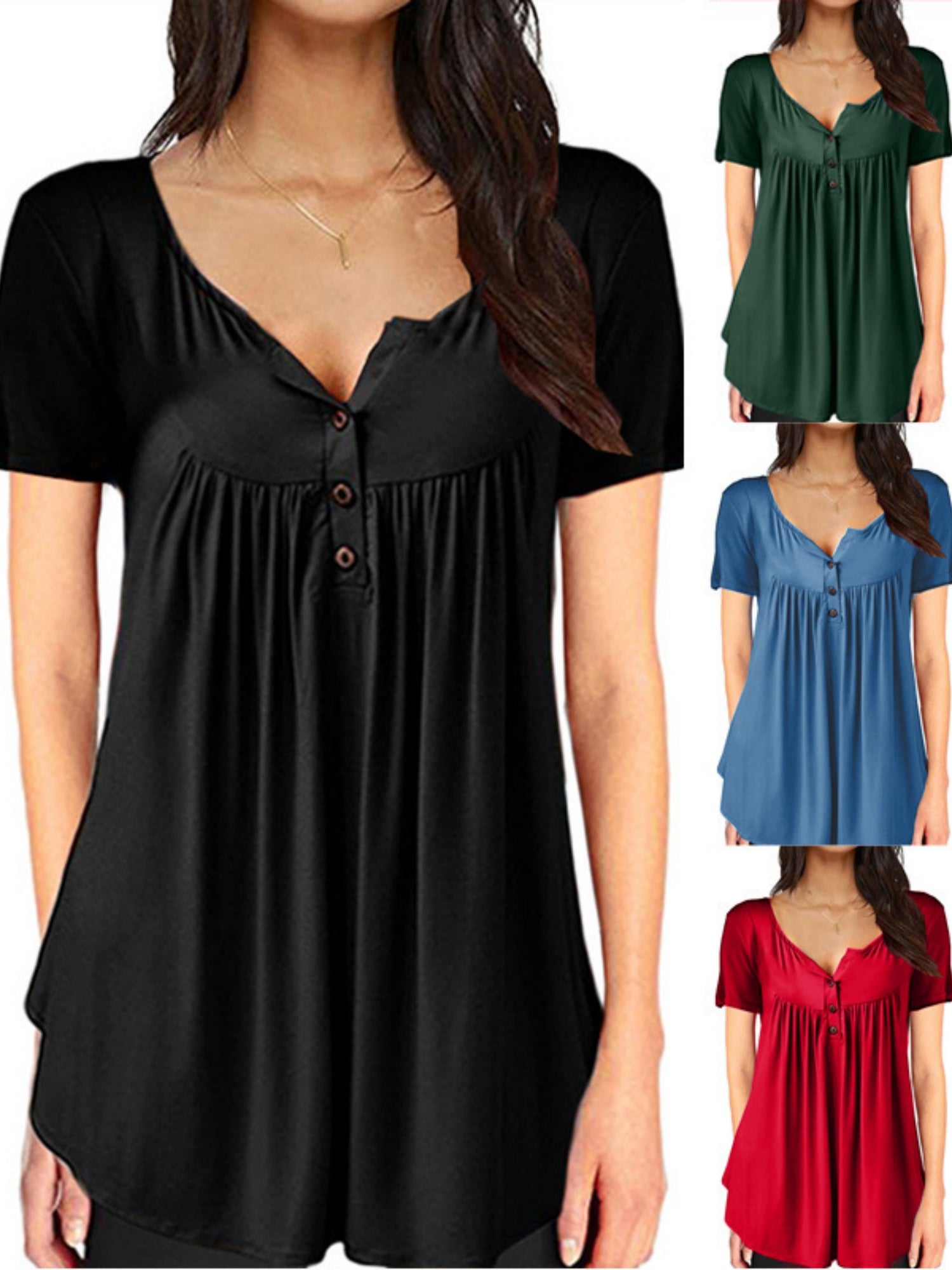 V-neck Pleated Buttons Loose-fit Short-sleeved T-shirt