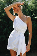 One Shoulder Pleated Bodice Tie Waist Wrap Skirt Gauze Mini Dress