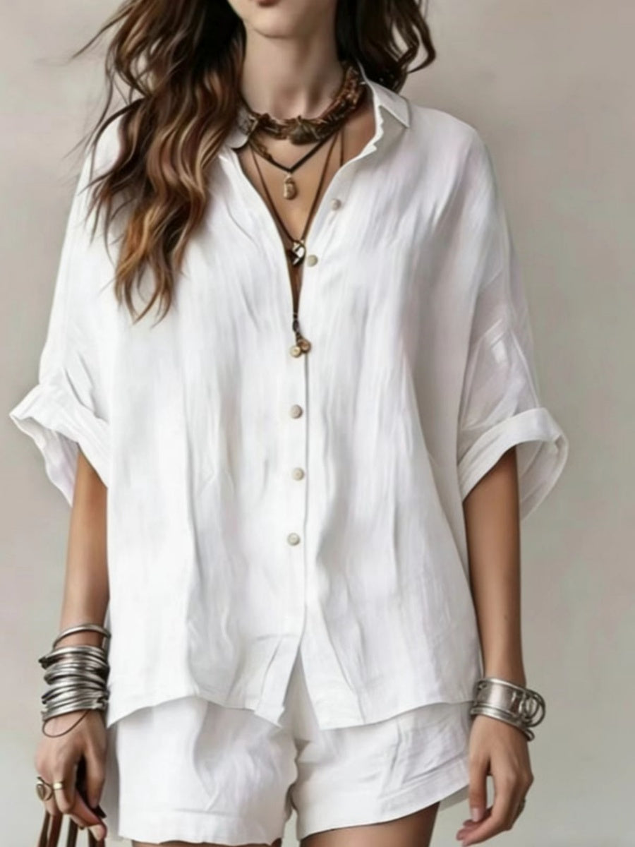 Blended Loose-fit Mid-length Sleeves Shirts Shorts Set 2-piece Sets