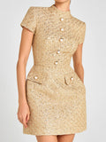 Tweed Buttons Short Sleeve Formal Mini&Short Dresses