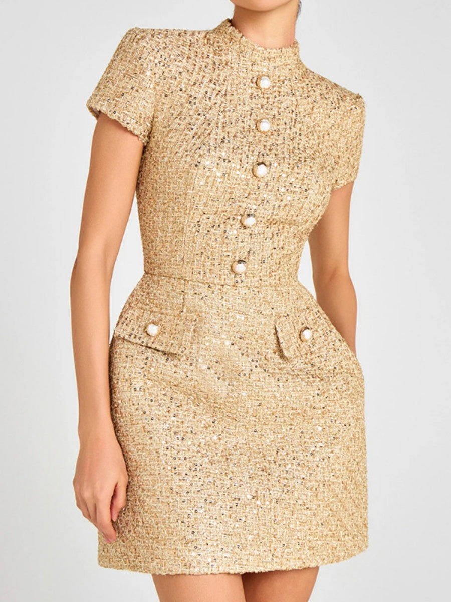 Tweed Buttons Short Sleeve Formal Mini&Short Dresses