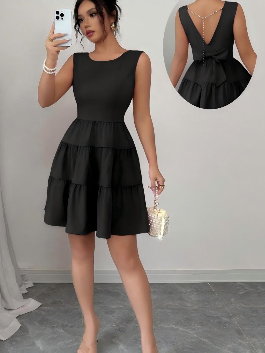 A-line Solid Color Backless Sleeveless Short Dress With A Cinched Waist And Bow