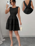 A-line Solid Color Backless Sleeveless Short Dress With A Cinched Waist And Bow