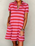 Stripes Color Matching Polo Collar Pocket Short-sleeved Midi Dress
