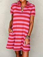 Stripes Color Matching Polo Collar Pocket Short-sleeved Midi Dress