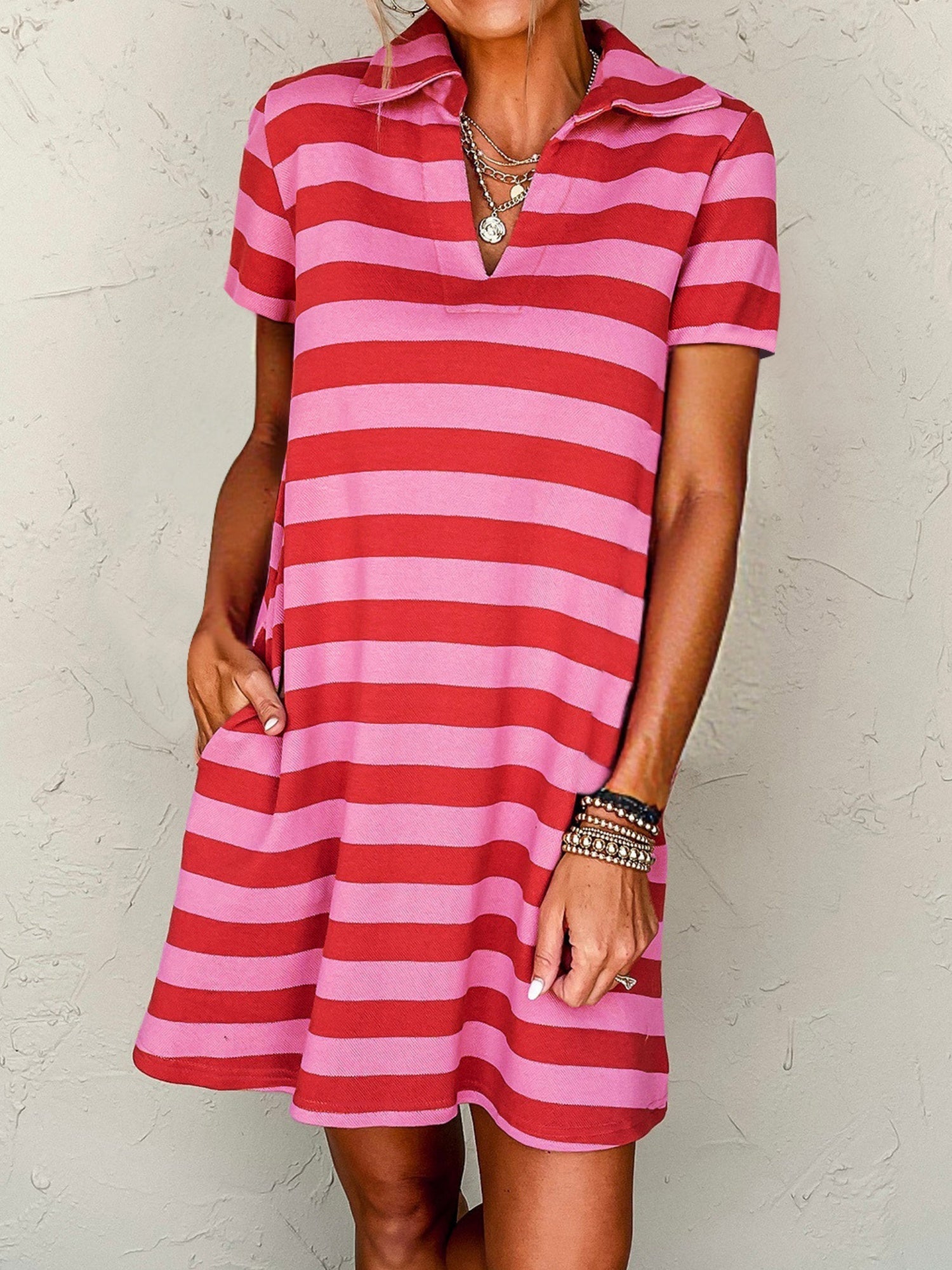Stripes Color Matching Polo Collar Pocket Short-sleeved Midi Dress