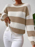 Stripes Contrasting Colors Dropped Shoulder Sleeves Loose Sweaters