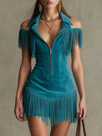Tassel Suede Off-shoulder Zipper Mini&Short Dresses