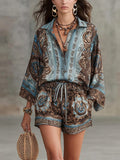 Printed Long Sleeve Shirts Loose-fit Shorts Set 2-piece Sets