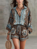Printed Long Sleeve Shirts Loose-fit Shorts Set 2-piece Sets