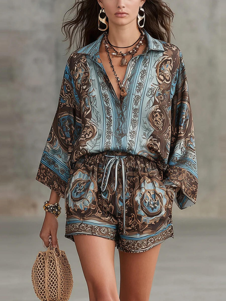 Printed Long Sleeve Shirts Loose-fit Shorts Set 2-piece Sets