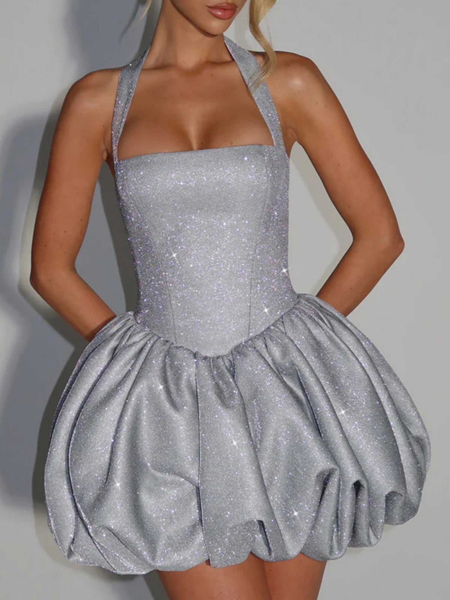 Glitter Neck Strap Slim-fit Mini&Short Dresses