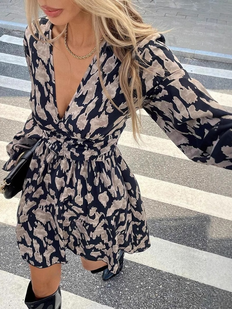 Ruffle Geometric Print Long Sleeve Mini&Short Dresses