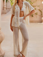 Loose-fitting Short-sleeved Shirt, Casual Trousers, See-through Cutout Sexy Vacation Sun Protection Beachwear