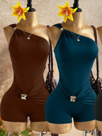 Metal Decoration One Shoulder Pleated Waist Shaping Jumpsuits