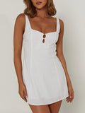 Square Sweetheart Keyhole Button Front Princess Seam Sleeveless Mini Dress