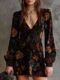 Printed V-neck Velvet Mini&Short Dresses