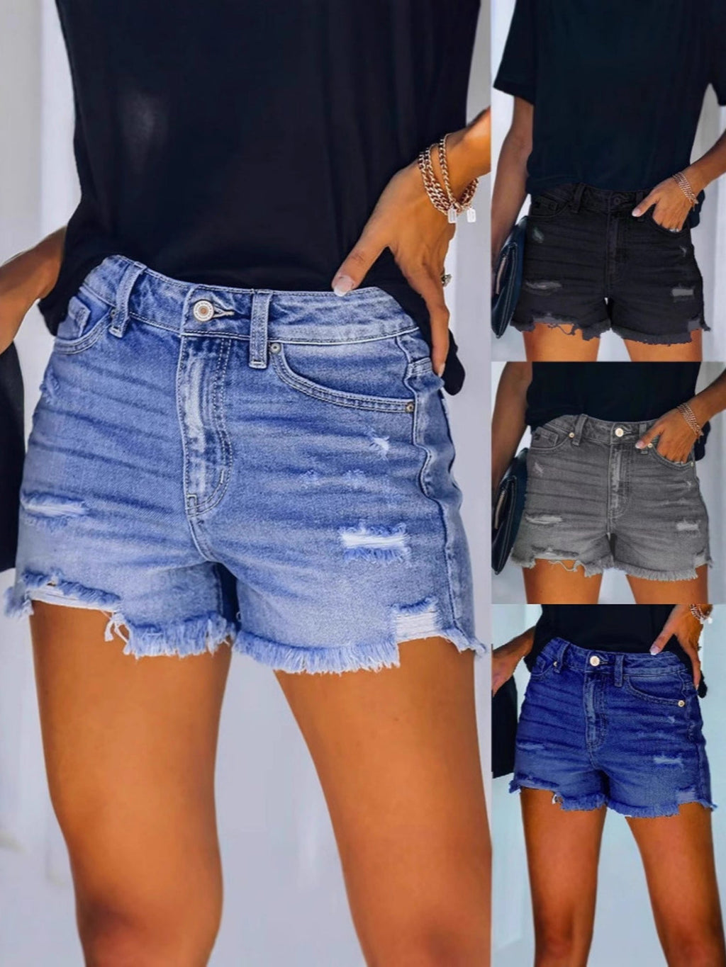 Hole Tassel High-waisted Stretch Washed Jeans