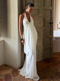 Loose-fitting, Backless, Sleeveless, V-neck, Pleated Halter-neck Mesh Long Dress