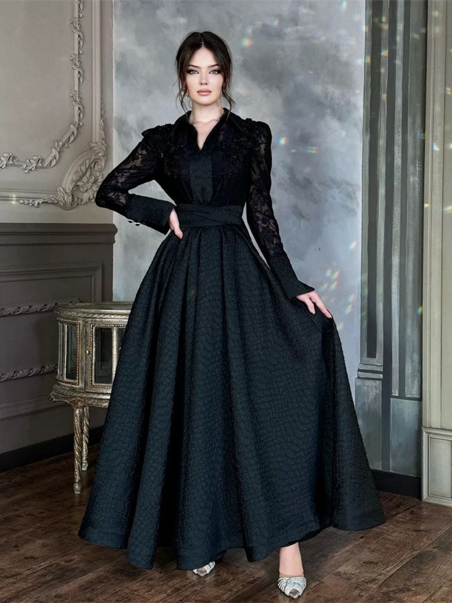 Beaded Flowers Lace Long Sleeve Formal Maxi Dresses