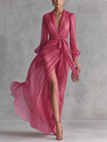 V-neck, Slit, Belted Waist Long Dress