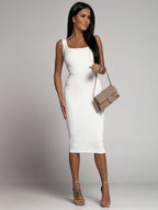 Off-shoulder Sleeveless U-neck Bodycon Ribbed Stripe Midi Dresses