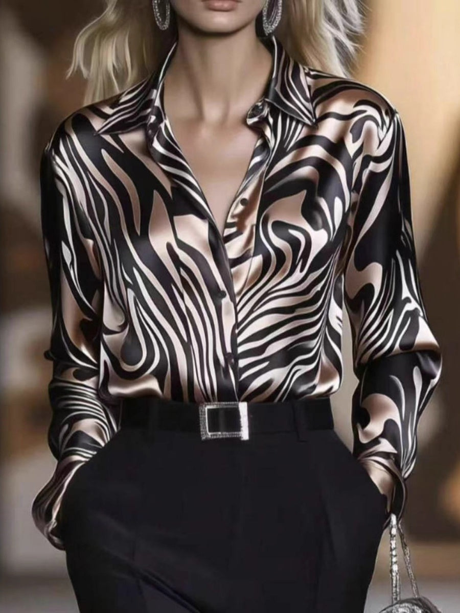 Zebra Print Single-breasted Slim-fit Satin Casual Shirts