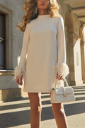 Mockneck Feather Trim Long Sleeves Mini Dress