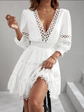 Lace Trim Hollow Out V-neck Long Sleeve Mini&Short Dresses