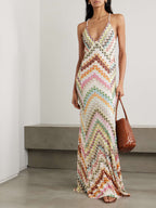 Halter V-Neck Chevron Crochet Knit Maxi Dress