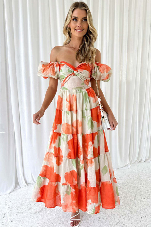 Off Shoulder Twist Front Cut Out Puff Sleeve Tiered Floral Maxi Dress