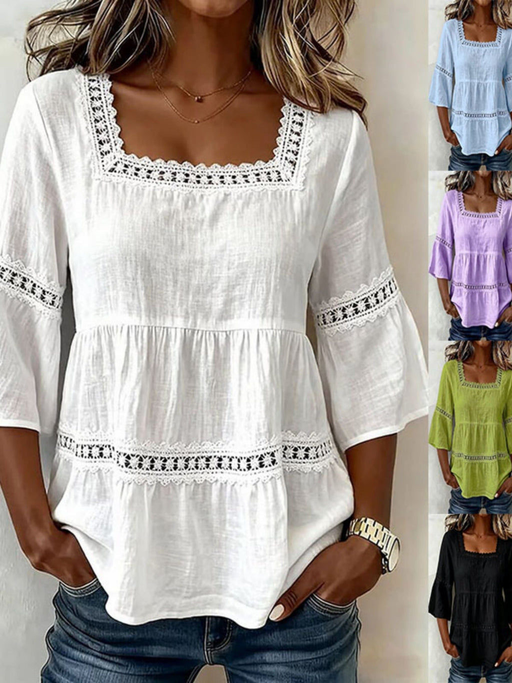 Lace Patchwork Cotton And Linen Square Neckline And Three-quarter Sleeves T-shirts