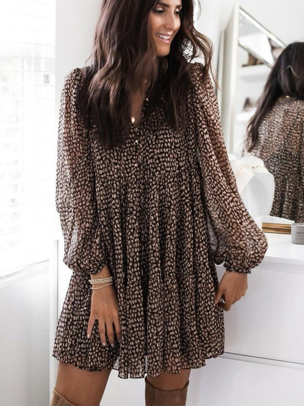 Leopard Print Balloon Sleeve V-neck Full Skirt Mini&Short Dresses