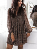 Leopard Print Balloon Sleeve V-neck Full Skirt Mini&Short Dresses