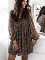 Leopard Print Balloon Sleeve V-neck Full Skirt Mini&Short Dresses