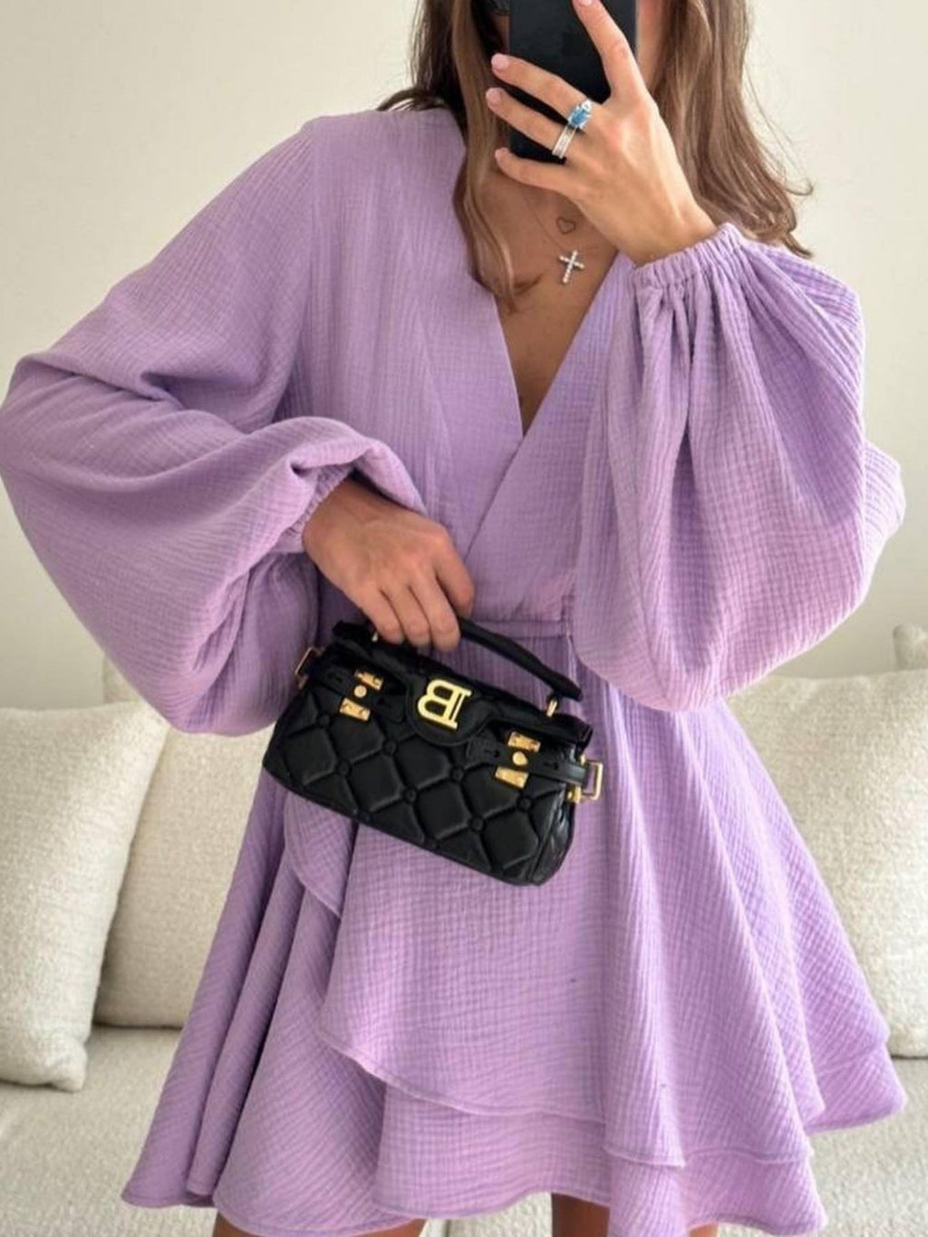 Chiffon V-neck Balloon Sleeve Sweet Mini&Short Dresses