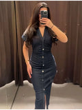 V-neck Short Sleeve Waist Hip-hugging Button Slit Commuting Temperament Maxi Dresses