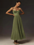 Sleeveless Deep V Slim Fit Pleated Camisoles Maxi Dresses