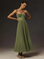 Sleeveless Deep V Slim Fit Pleated Camisoles Maxi Dresses