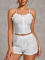 Openwork Ruffle Edge Tank Top And Shorts Loungewear 2-piece Sets