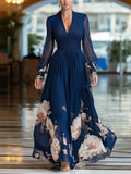 Mesh-paneled Fitted Floral Print Long Dress