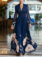 Mesh-paneled Fitted Floral Print Long Dress