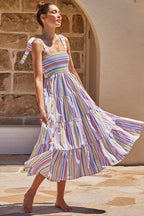 Floral Print Smocked Tie Shoulder Tiered Ruffle Maxi Dress