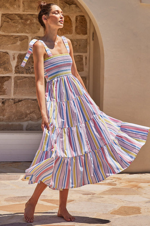 Floral Print Smocked Tie Shoulder Tiered Ruffle Maxi Dress