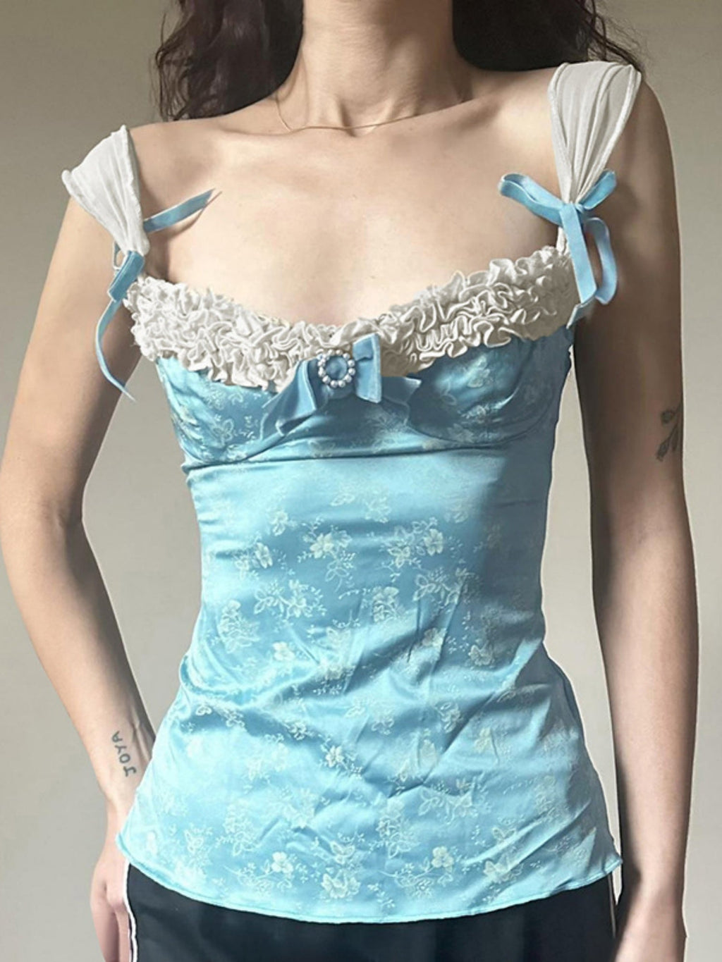 Lace Trim Bow Print Slimming And Waist-cinching Backless Tank Top