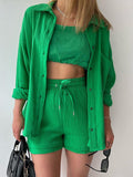 Long-sleeved Shirt And High-waisted Drawstring Shorts Casual Two-piece Set