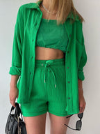 Long-sleeved Shirt And High-waisted Drawstring Shorts Casual Two-piece Set