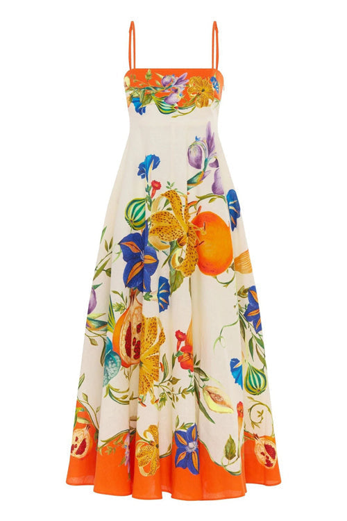 Spaghetti Strap Square Neck Botanical Fruit Print Scalloped Hem Midi Dress