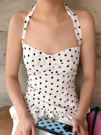 Polka Dots Wavy Lace Chest Pleats Neck Strap Tank Tops&Camis